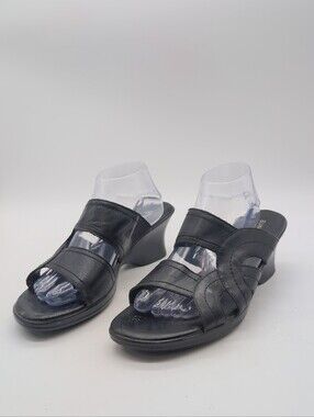 EUROstep Nadine Black Leather Strappy Wedge Slide Sandals Size 11M